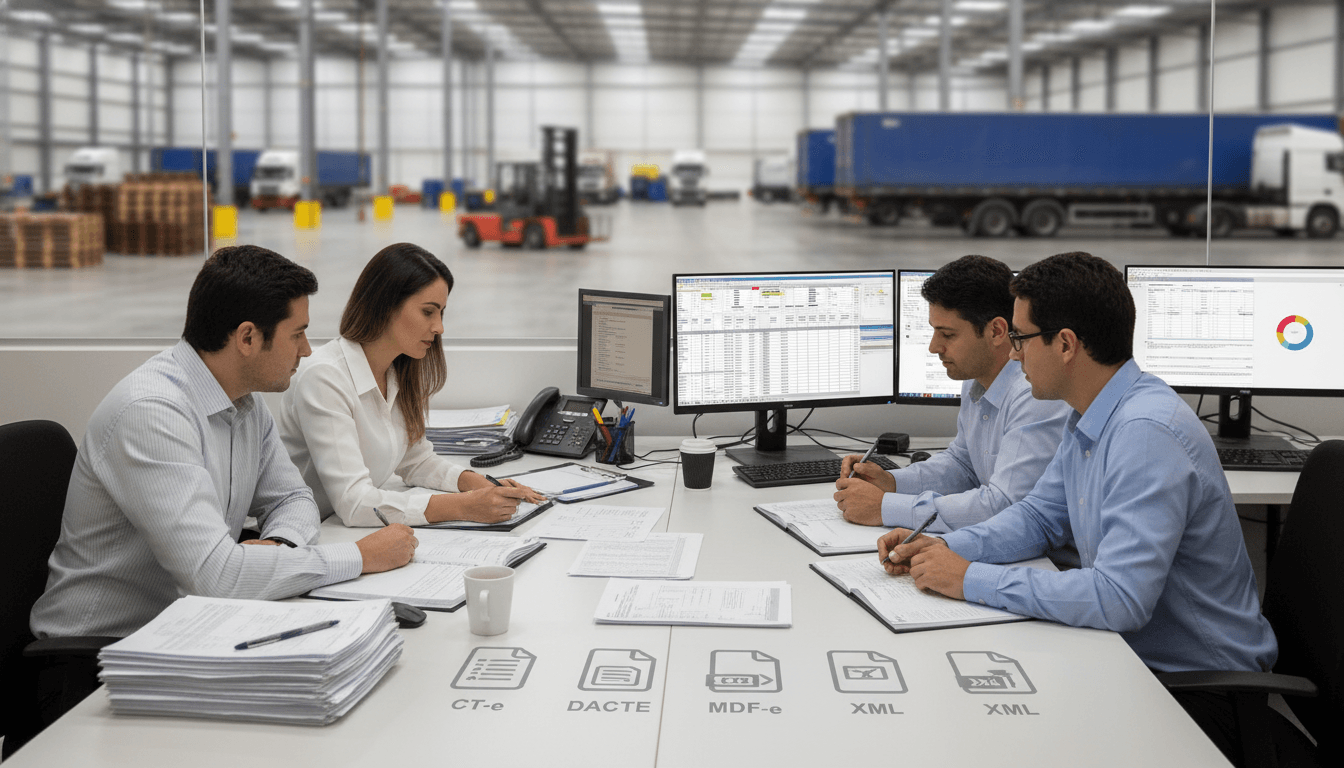 Equipe fiscal conferindo CT-e, DACTE, MDF-e, XML e escrituração em operação de transporte