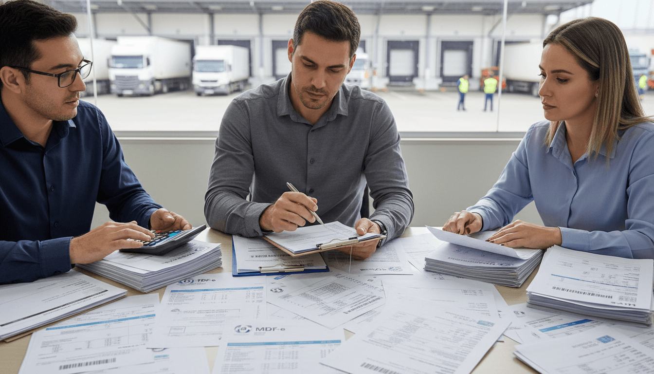 Equipe conferindo checklist de CT-e, MDF-e, XML e documentos fiscais do transporte