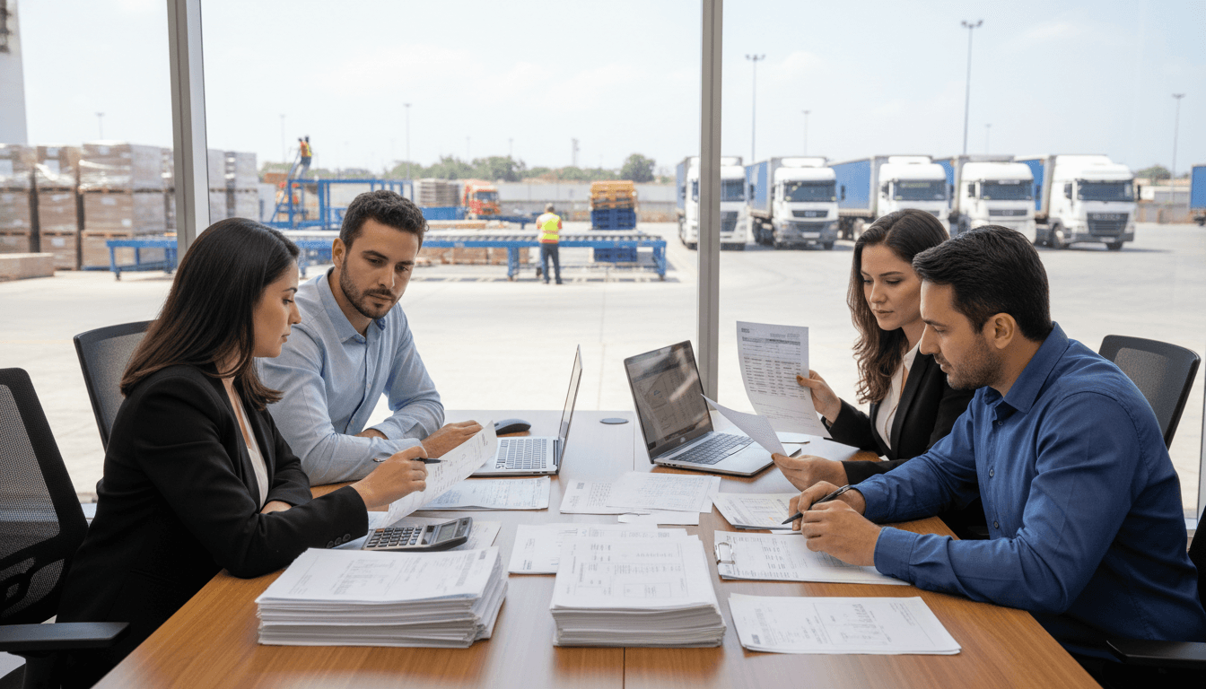 Equipe conferindo valores de frete, ICMS e documentos fiscais antes de complementar CT-e