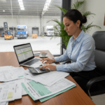 Analista fiscal de transportadora revisando CT-e complementar e documentos de frete