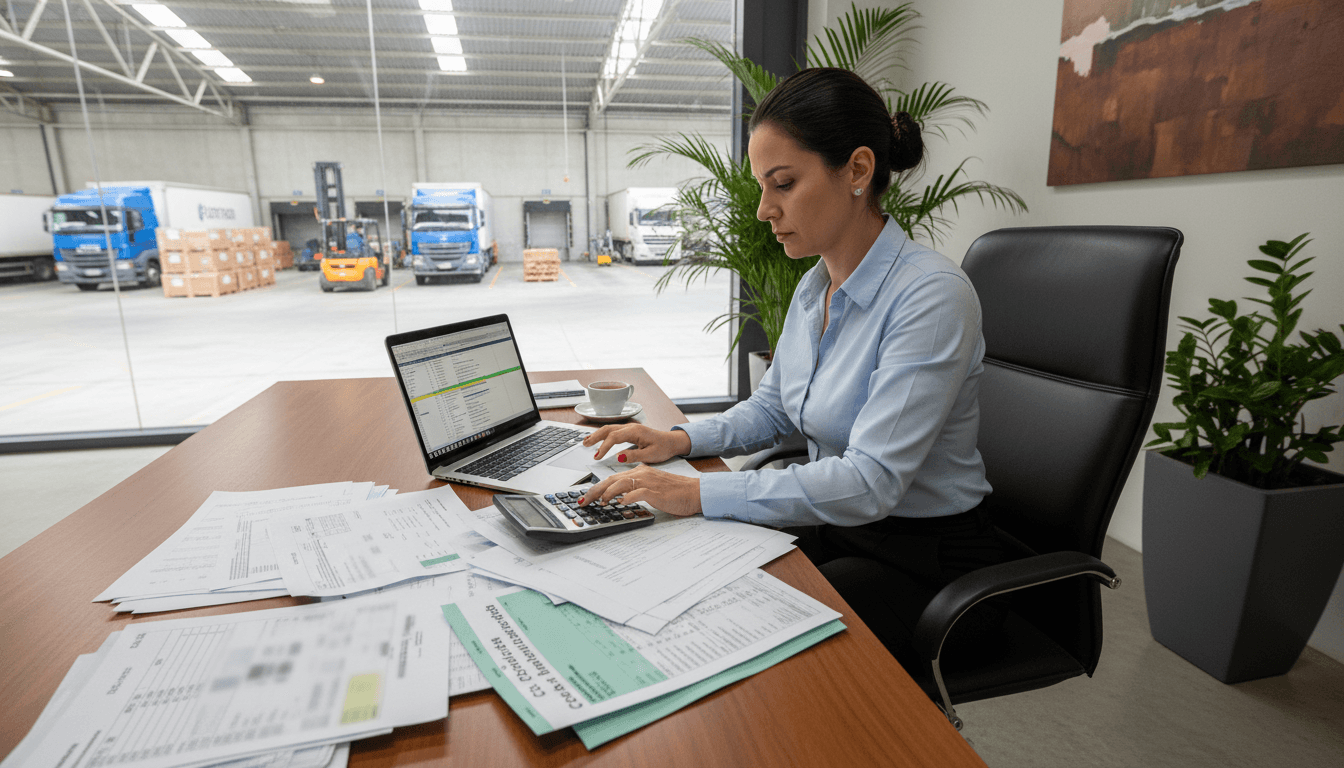 Analista fiscal de transportadora revisando CT-e complementar e documentos de frete