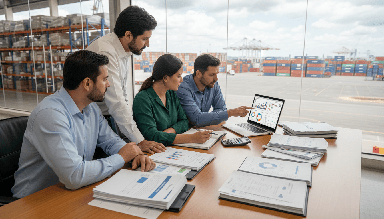 Equipe fiscal conferindo CT-e multimodal, MDF-e, DACTE, XML e documentos de transporte