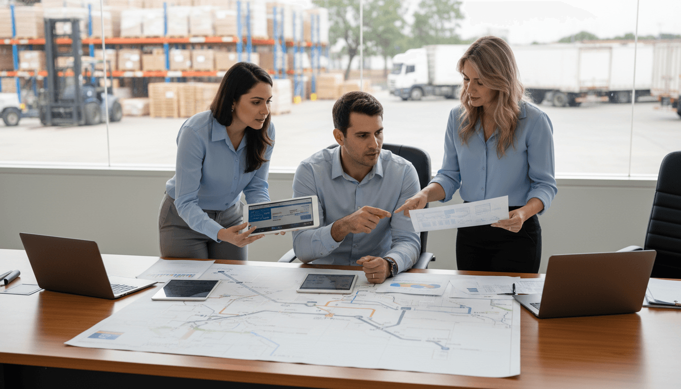 Equipe fiscal conferindo CT-e de redespacho, MDF-e, XML e documentos de transporte