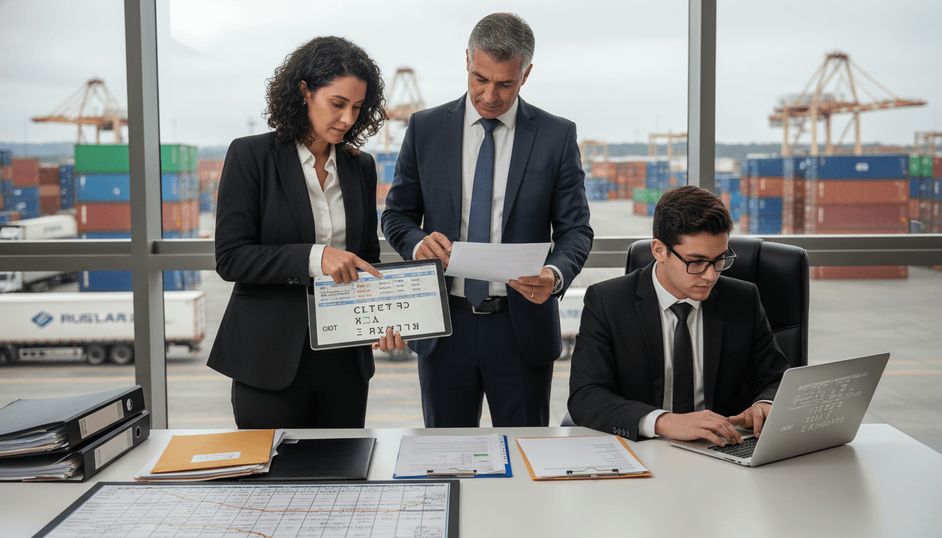 Equipe fiscal conferindo CT-e, CIOT, MDF-e e XML em operação de subcontratação de transporte