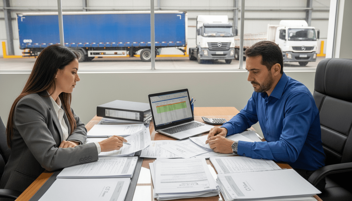 Gestor de transportadora analisando CT-e de subcontratação com equipe fiscal em escritório logístico