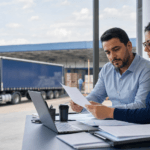 Gestores de transportadora conferindo documentos e sistema diante da adequação de CT-e, MDF-e e NFS-e