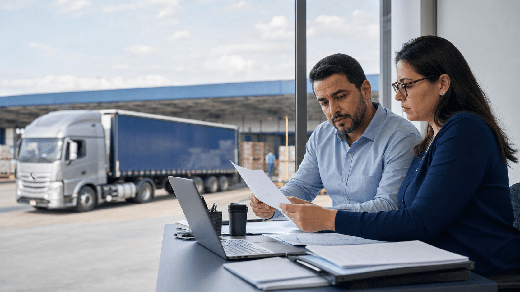 Gestores de transportadora conferindo documentos e sistema diante da adequação de CT-e, MDF-e e NFS-e