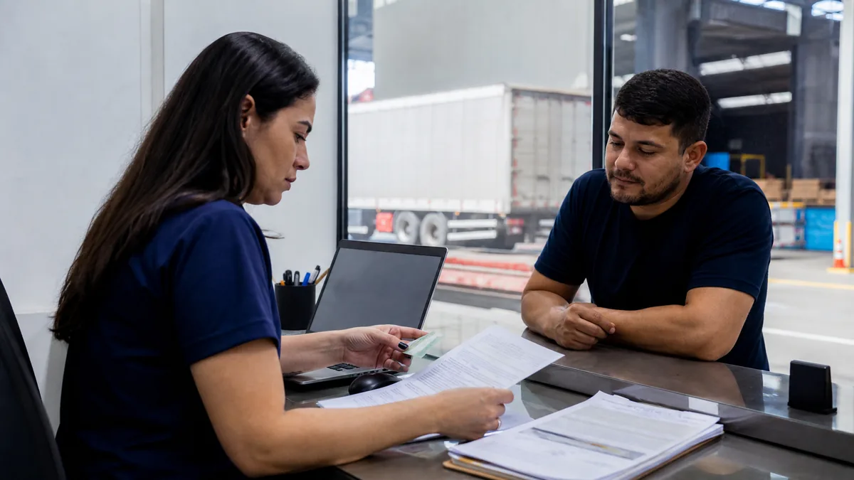 Profissional confere documentos de transportador autônomo em centro de distribuição