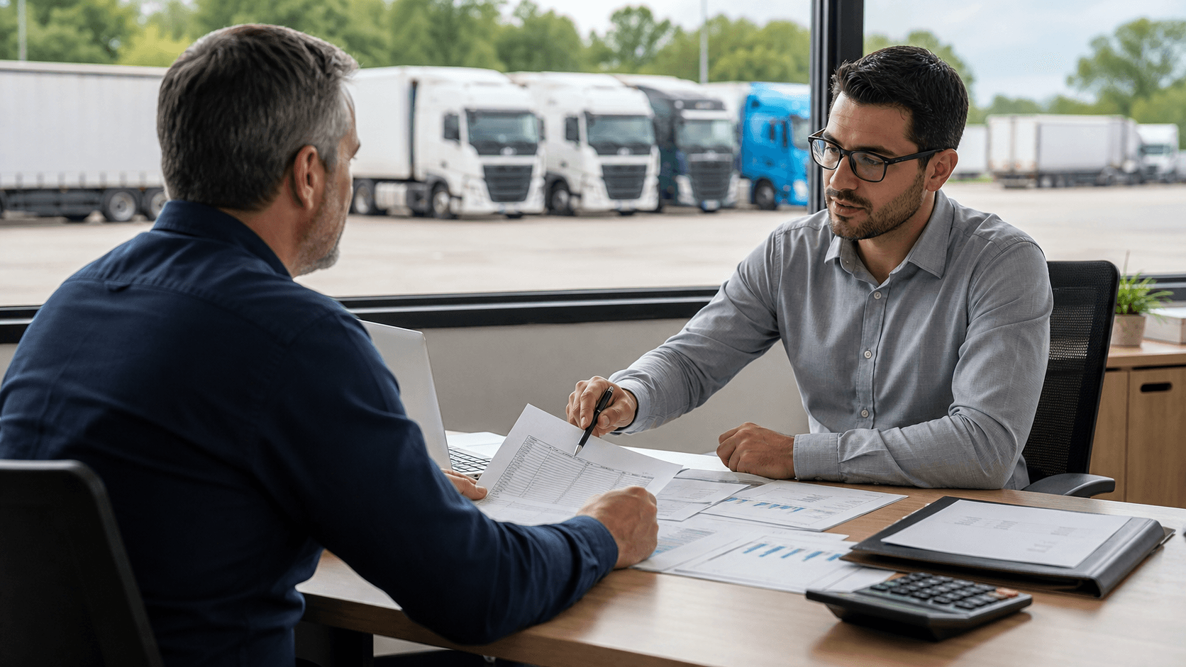 Gestor de transportadora revisa documentos fiscais com analista