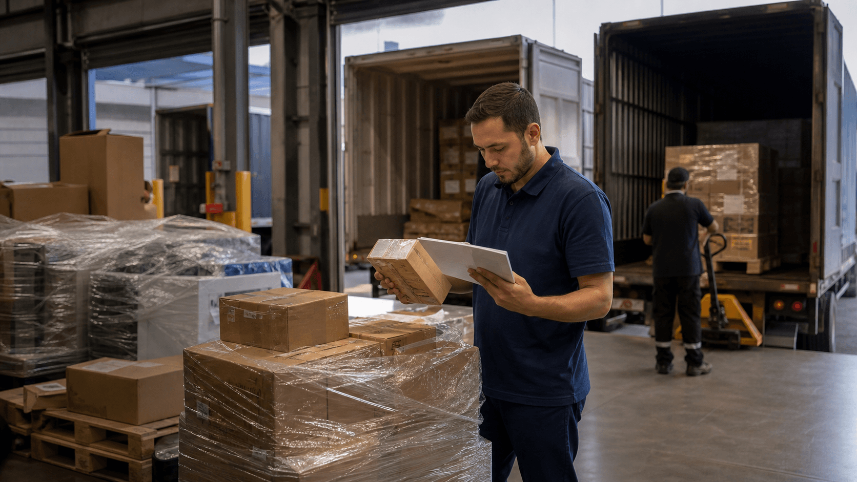 Profissional confere mercadorias retornadas e documentos fiscais
