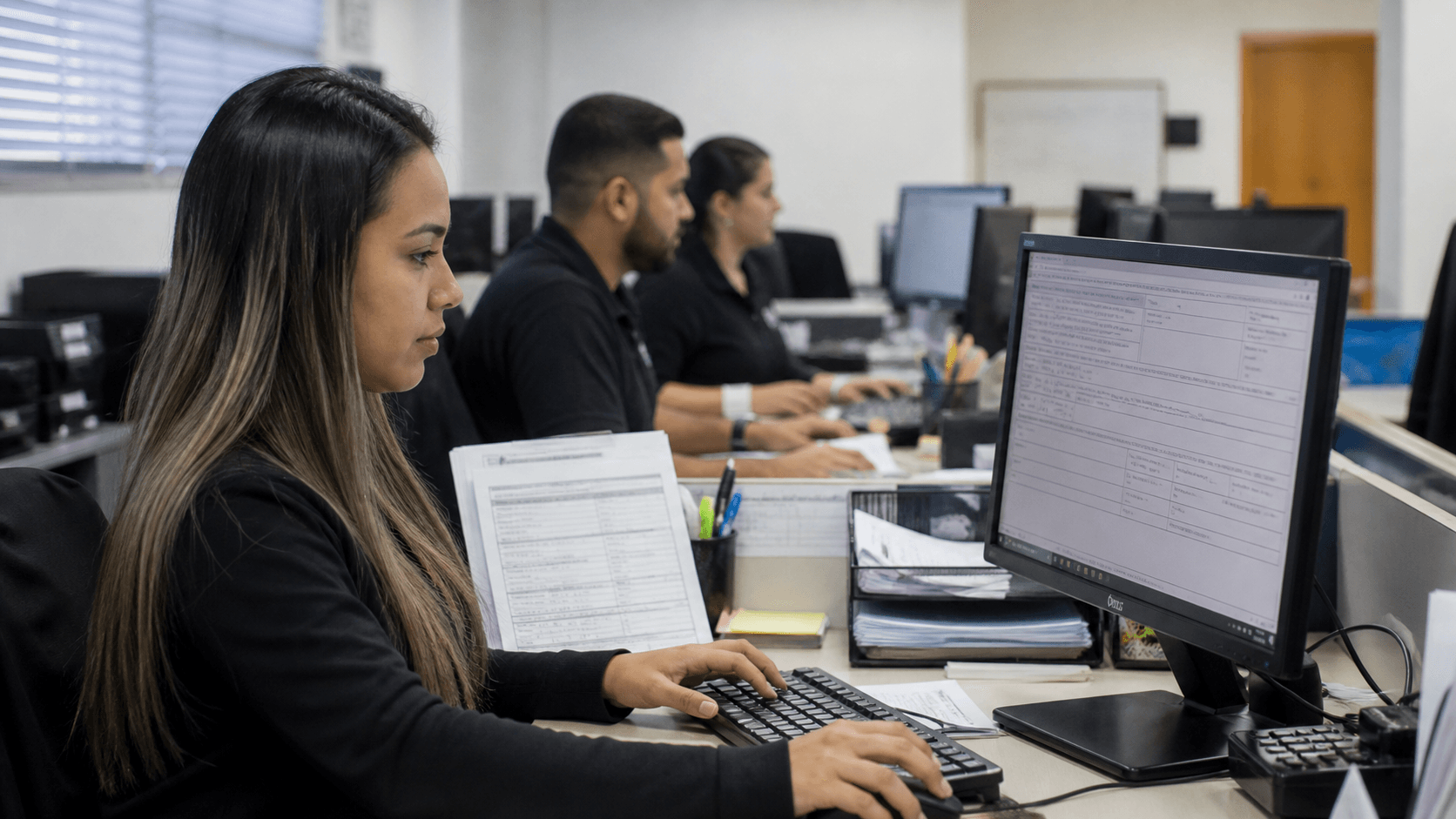 Equipe administrativa confere cadastro e documento de transporte