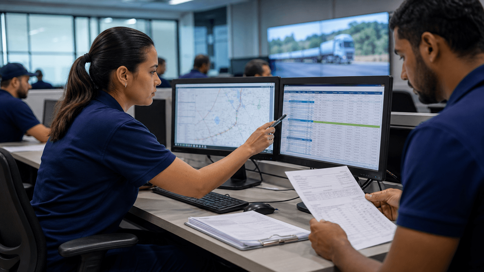 Equipe operacional compara dados de rota e documentos em central de transportes