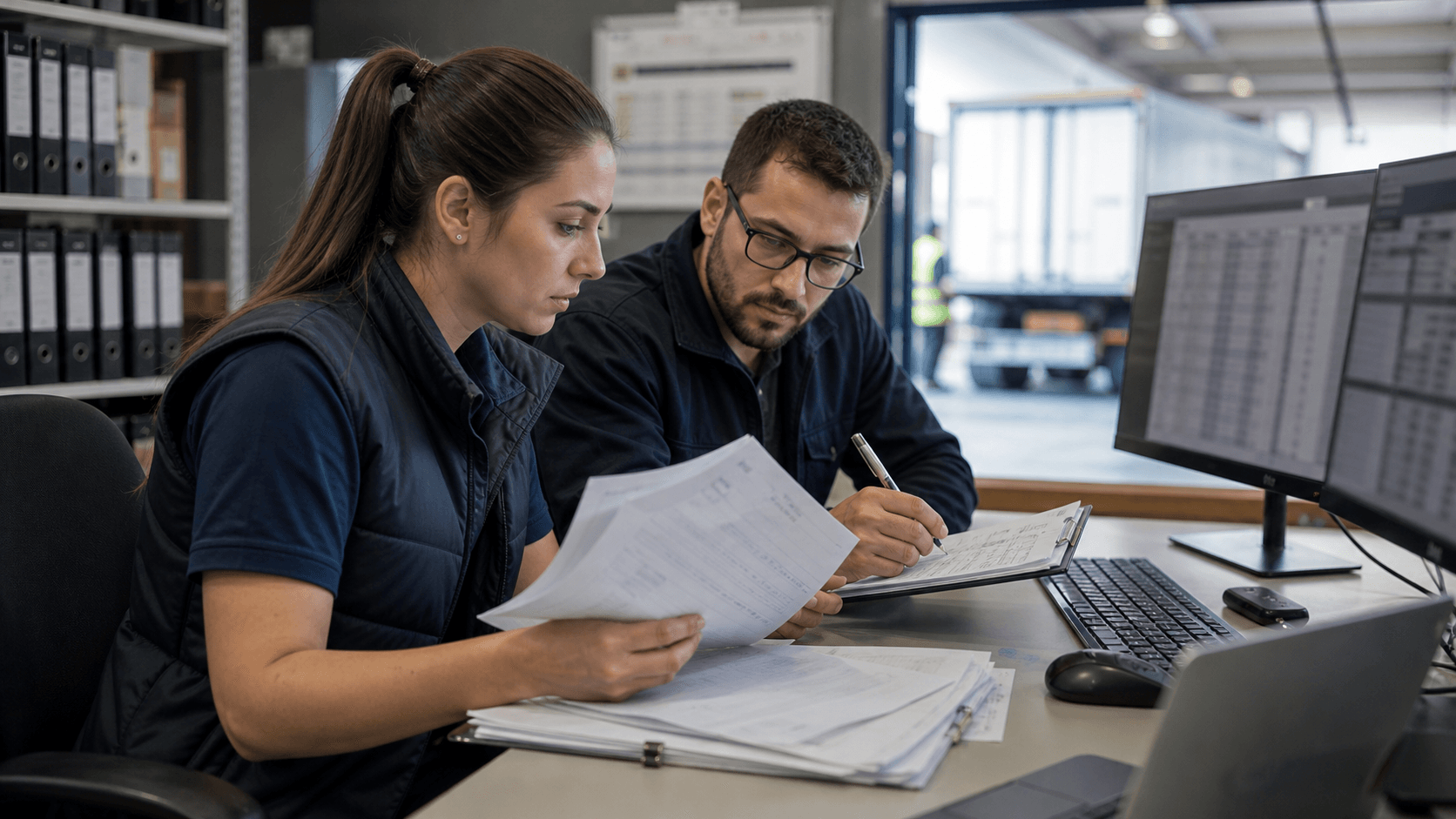 Equipe de transportadora revisa dados fiscais e operacionais em uma sala de controle