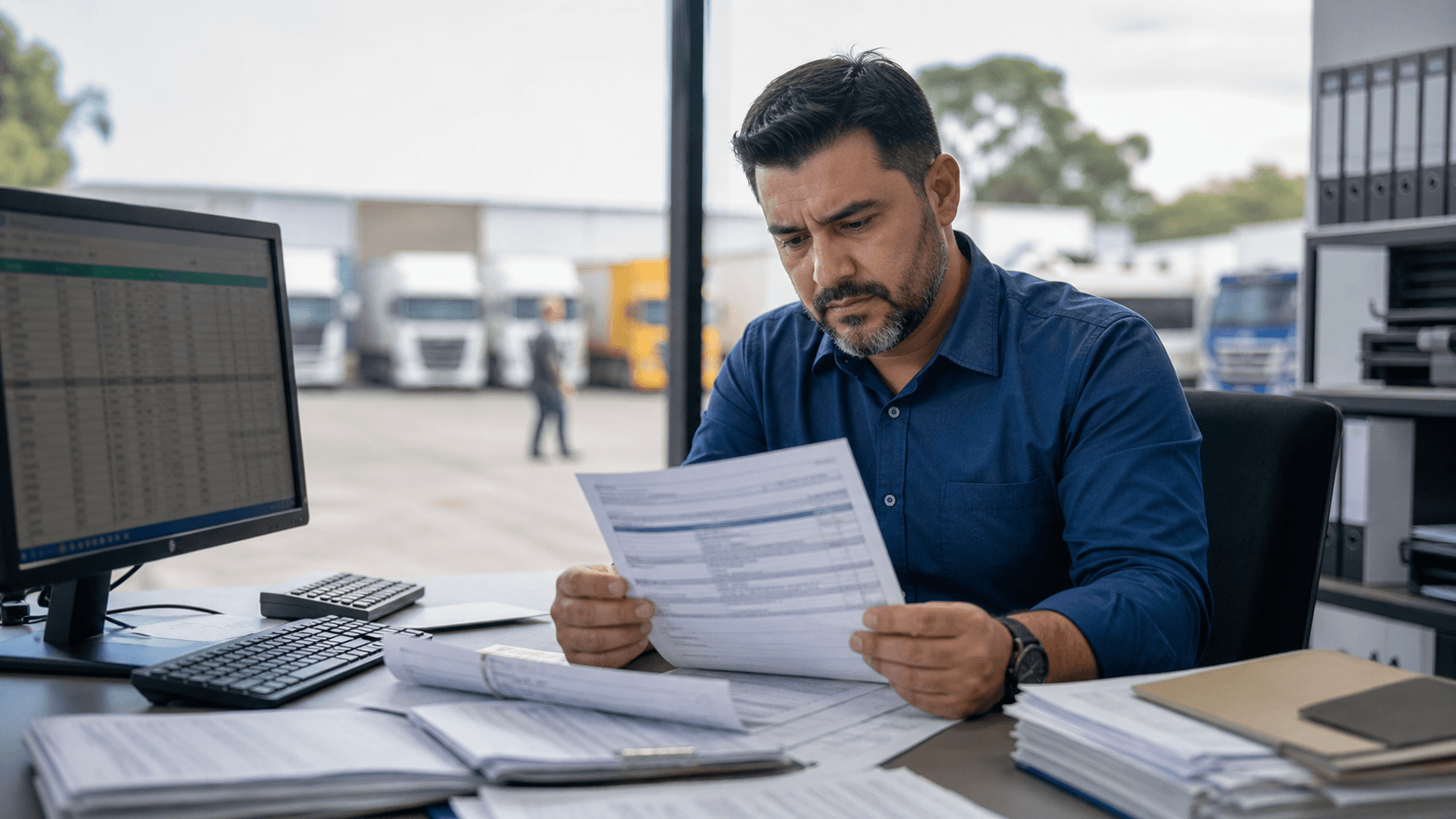 Profissional fiscal analisa documentos de transporte em escritório com caminhões ao fundo