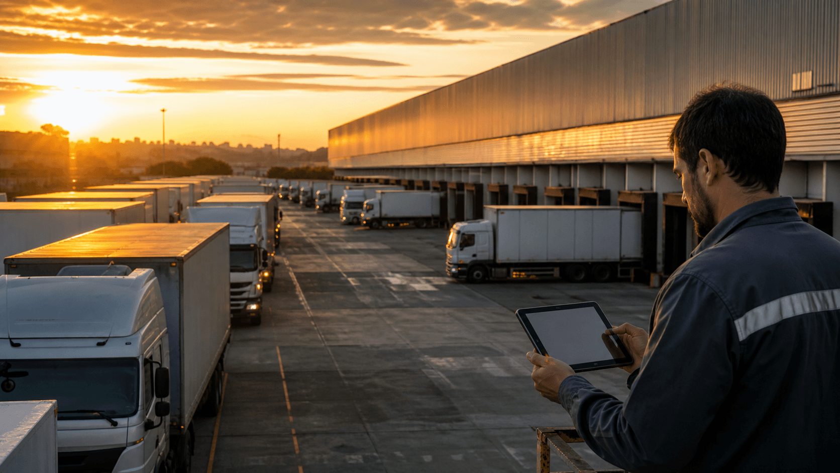 Supervisor registra em tablet a fila de caminhões aguardando nas docas