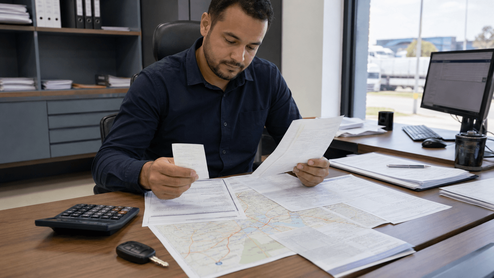 Analista confere documentos, rota e comprovante de pedágio em escritório de transportadora