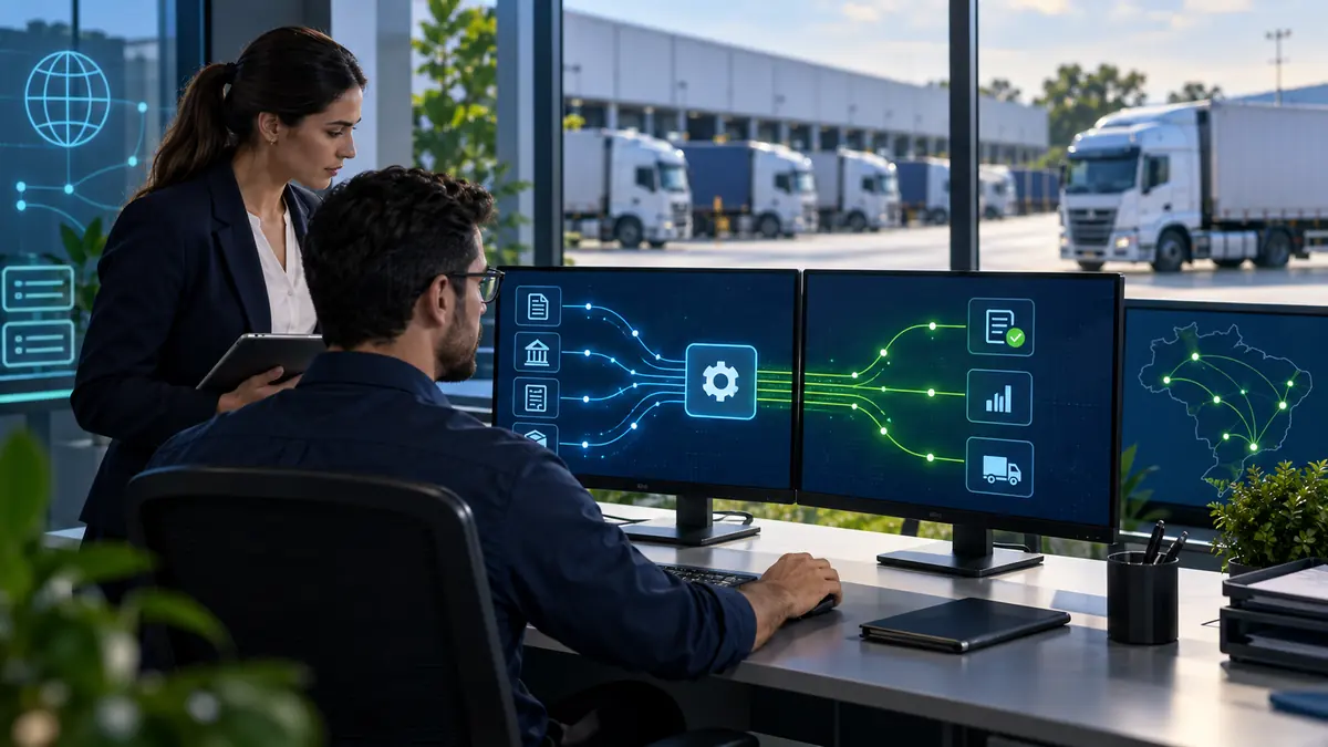 Equipe fiscal e de tecnologia acompanha integração de dados tributários da transportadora.
