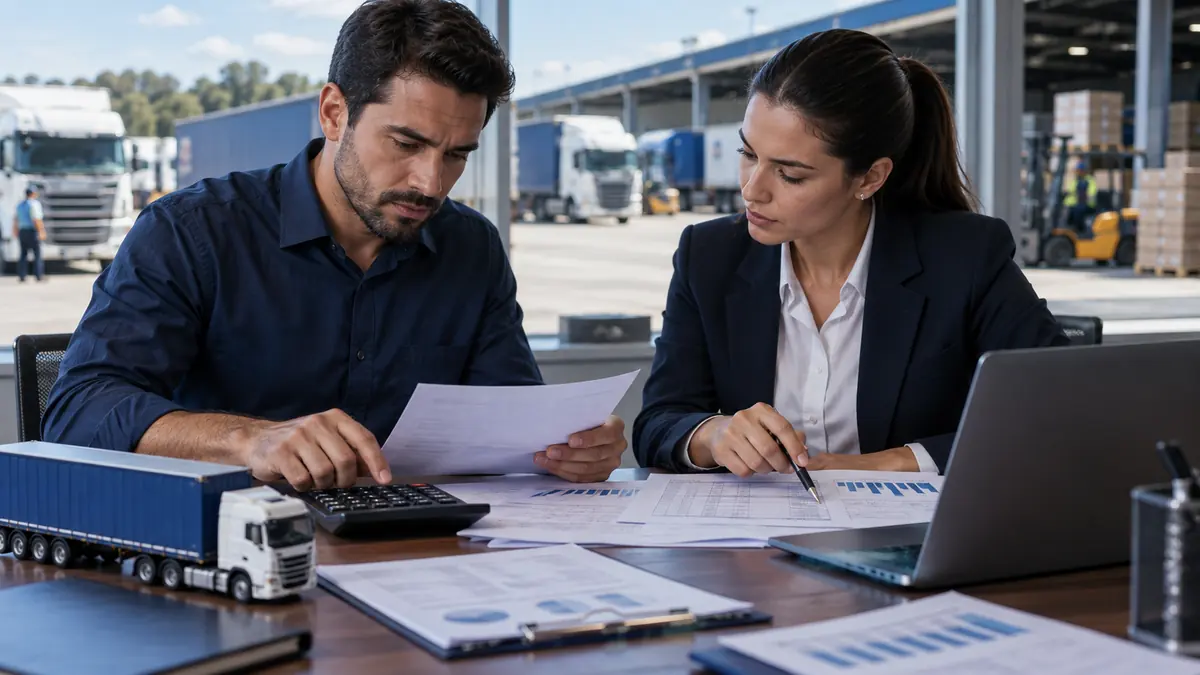 Profissionais analisam planilha de frete, taxas e custos da transportadora