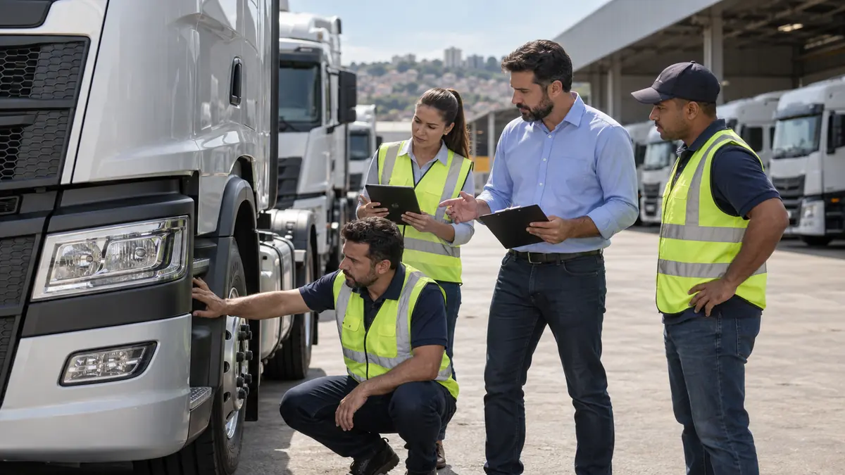 Equipe inspeciona caminhão e avalia os custos da decisão de frota.