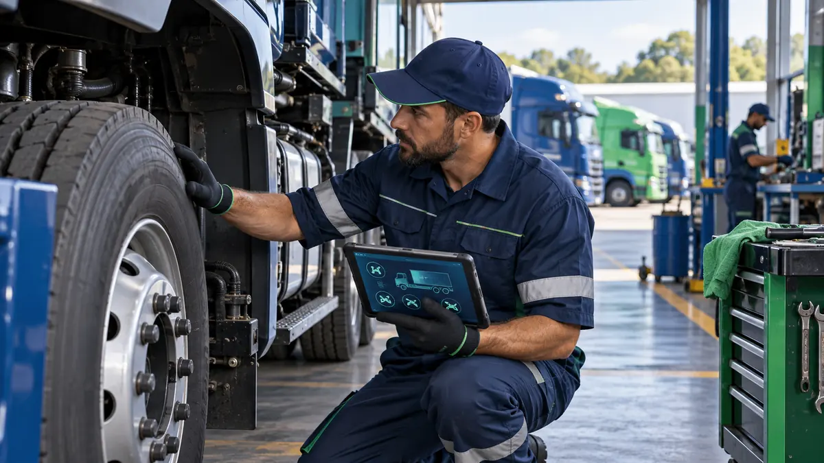Mecânico inspeciona pneu de caminhão e registra a manutenção em tablet.