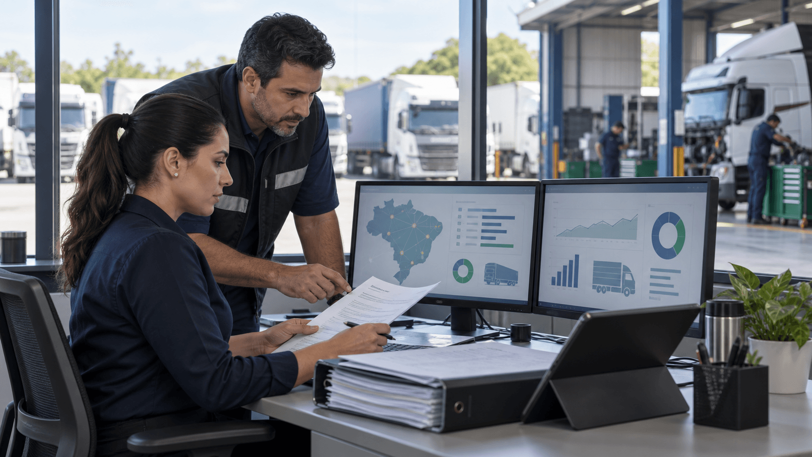 Equipe de transportadora cruza dados operacionais, frota e documentos de conformidade