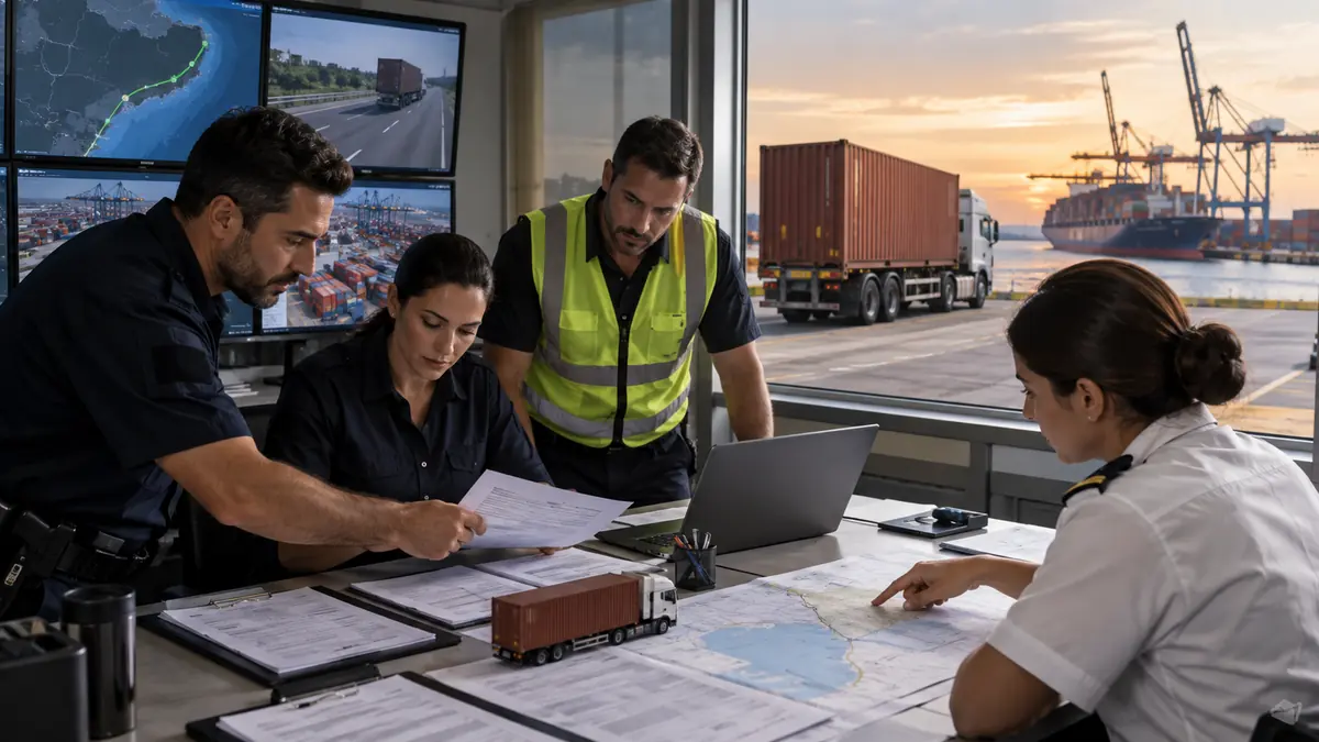 Equipe relaciona rota, carga e documentos do transporte destinado à exportação.