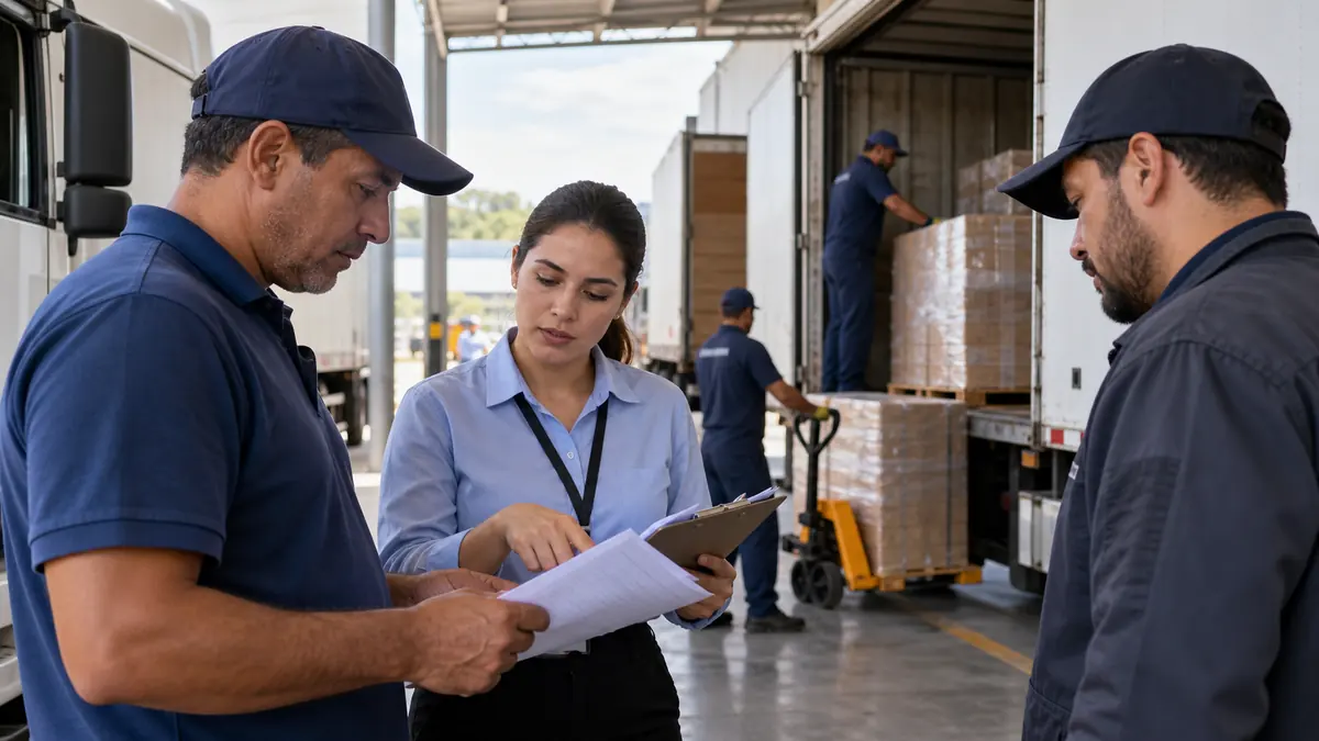 Equipe confere documentos durante transferência de carga entre transportadores.