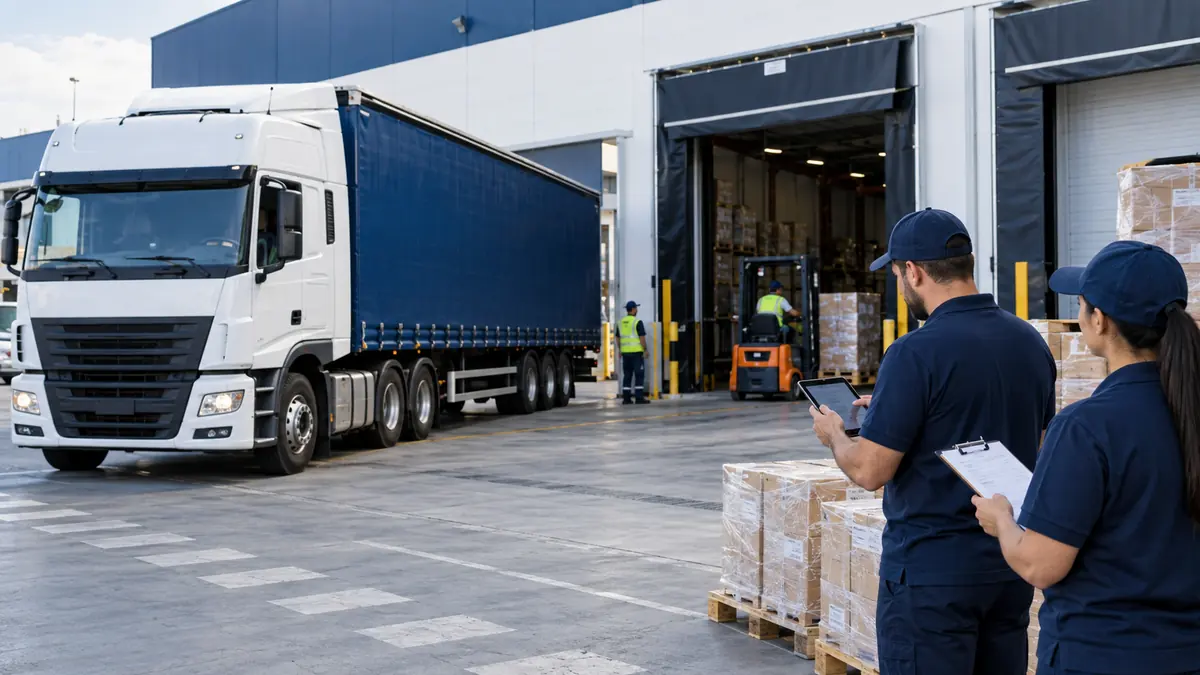 Caminhão chega ao centro de distribuição enquanto equipe confere a entrega
