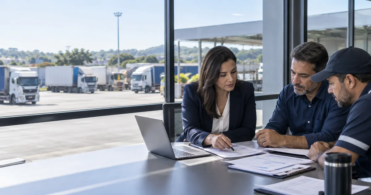 Gestores de cooperativa de transporte analisam documentos tributários em centro logístico