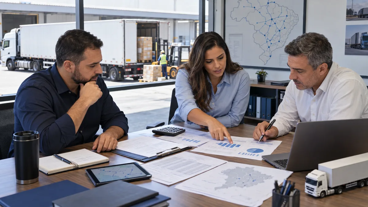 Equipe de cooperativa de transporte compara cenários financeiros e operacionais