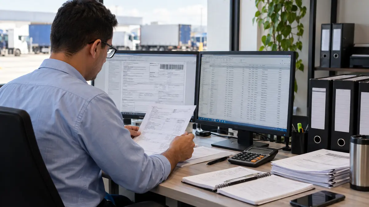 Profissional confere CT-e e registros fiscais para validar saldo credor de ICMS
