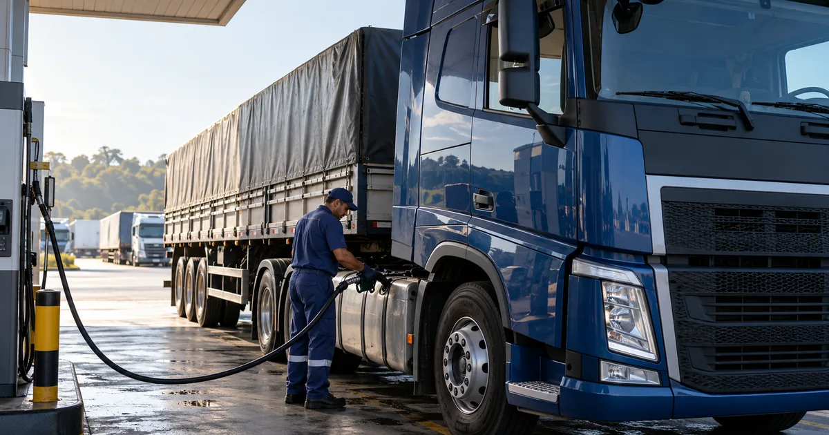 Operador abastece caminhão azul no pátio de uma transportadora.